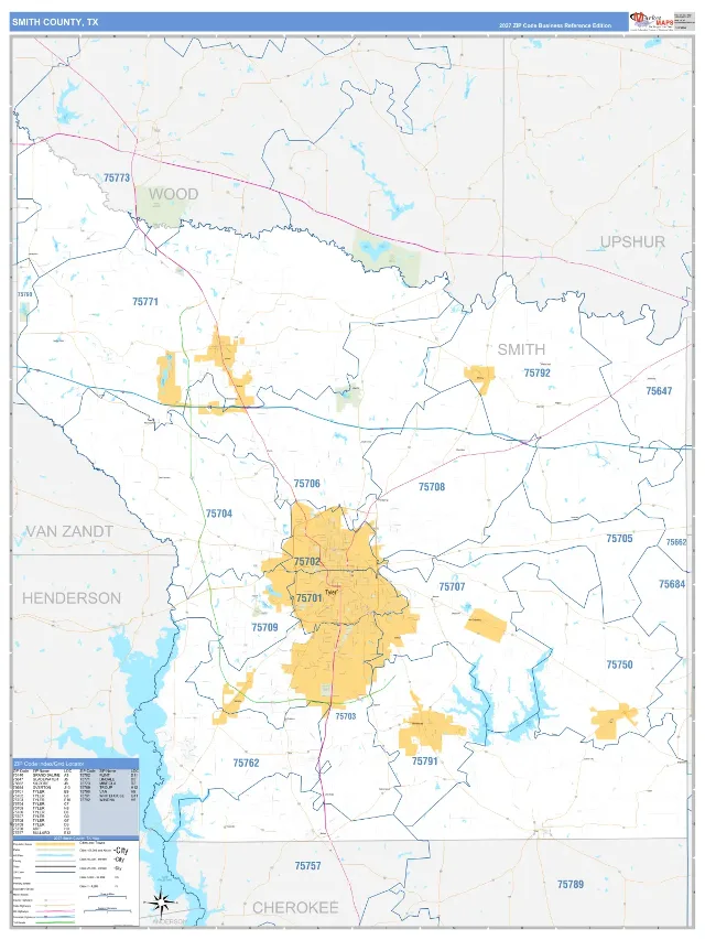 Smith County, TX ZIP Code Wall Map, Business Reference style
