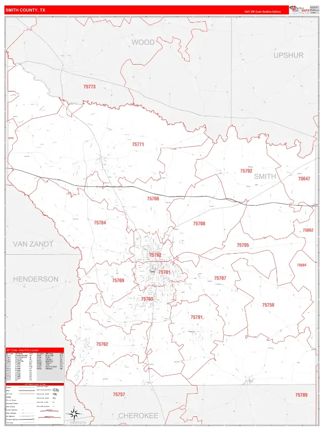 Smith County, TX ZIP Code Wall Map, RedLine style