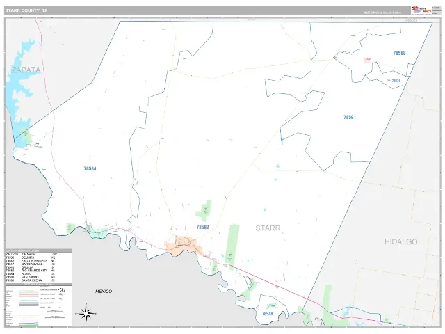 Starr County, TX ZIP Code Wall Map, Classic style