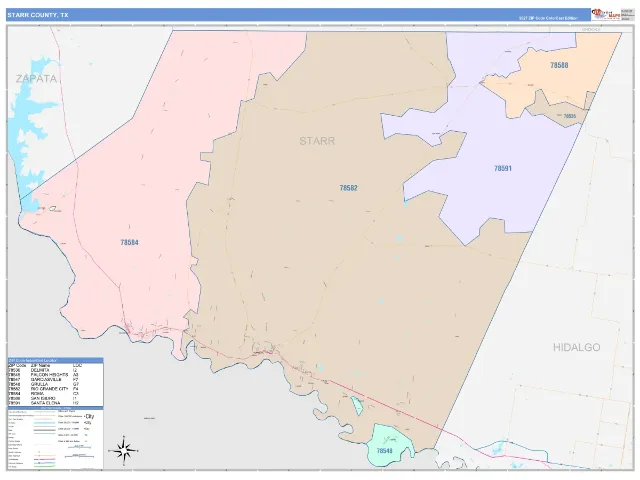 Starr County, TX ZIP Code Wall Map, ColorCast style