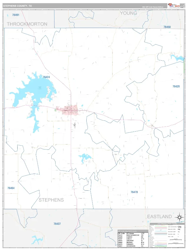 Stephens County, TX ZIP Code Wall Map, Classic style