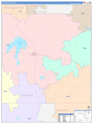 Stephens County, TX ColorCast style ZIP Code wall map