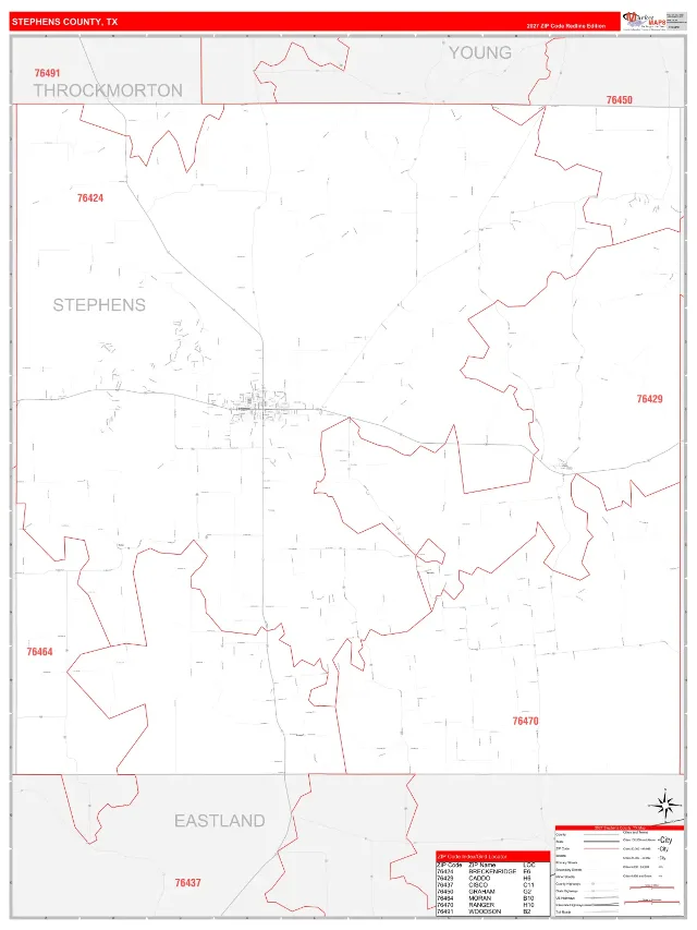 Stephens County, TX ZIP Code Wall Map, RedLine style