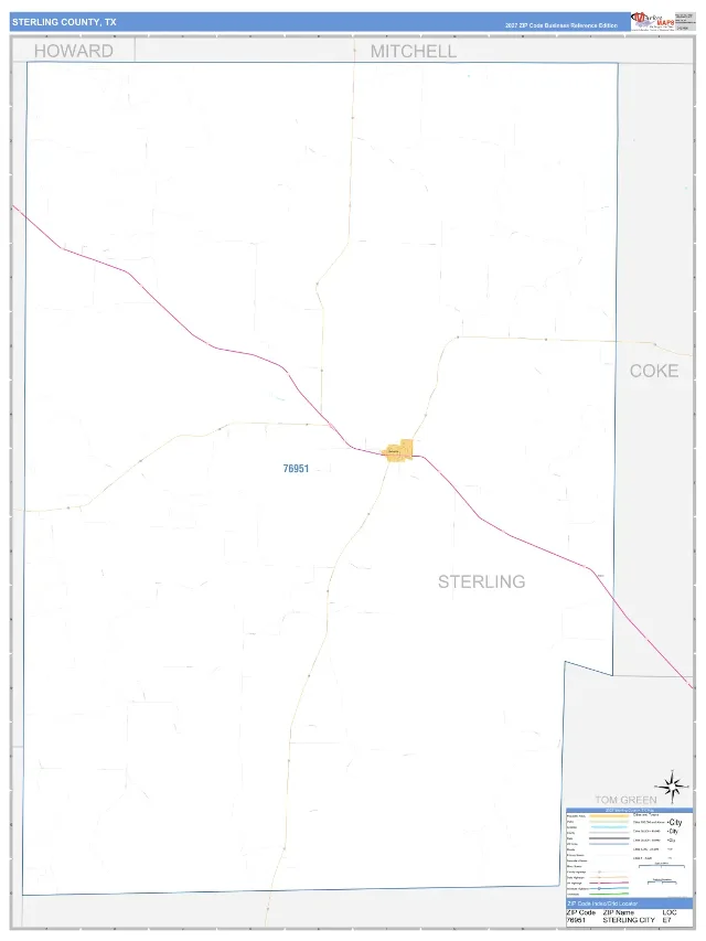 Sterling County, TX ZIP Code Wall Map, Business Reference style