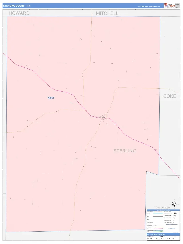 Sterling County, TX ZIP Code Wall Map, ColorCast style