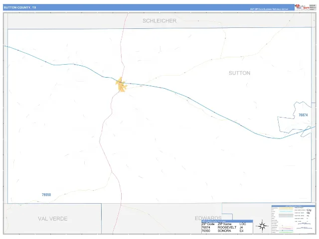 Sutton County, TX ZIP Code Wall Map, Business Reference style
