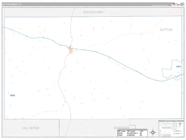 Sutton County, TX ZIP Code Wall Map, Classic style