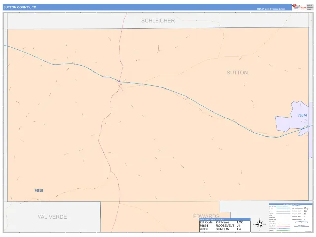 Sutton County, TX ZIP Code Wall Map, ColorCast style