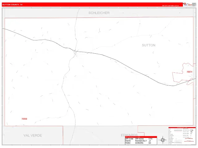 Sutton County, TX ZIP Code Wall Map, RedLine style