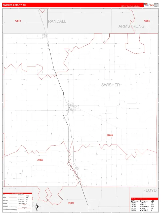 Swisher County, TX ZIP Code Wall Map, RedLine style