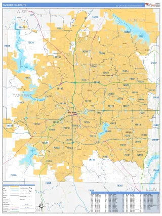 Tarrant County, TX Business Reference style ZIP Code wall map