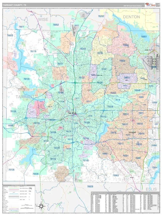 Tarrant County, TX ZIP Code Wall Map, Classic style