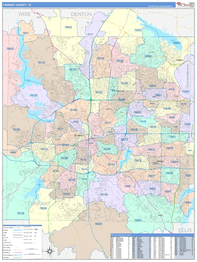 Tarrant County, TX ZIP Code Wall Map, ColorCast style