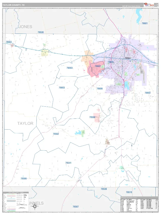 Taylor County, TX ZIP Code Wall Map, Classic style