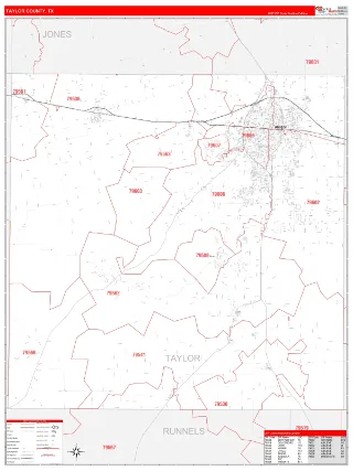 Taylor County, TX RedLine style ZIP Code wall map