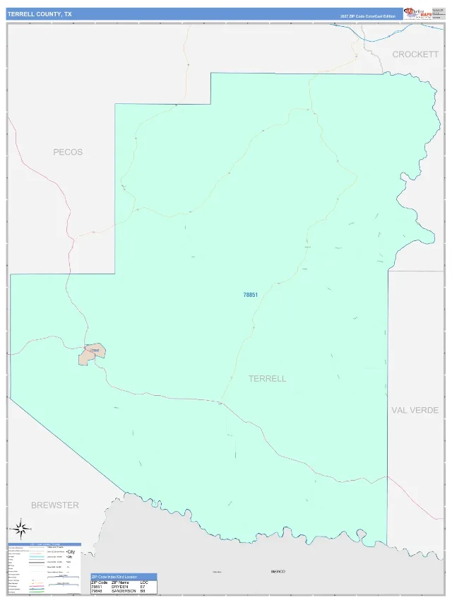 Terrell County, TX ZIP Code Wall Map, ColorCast style