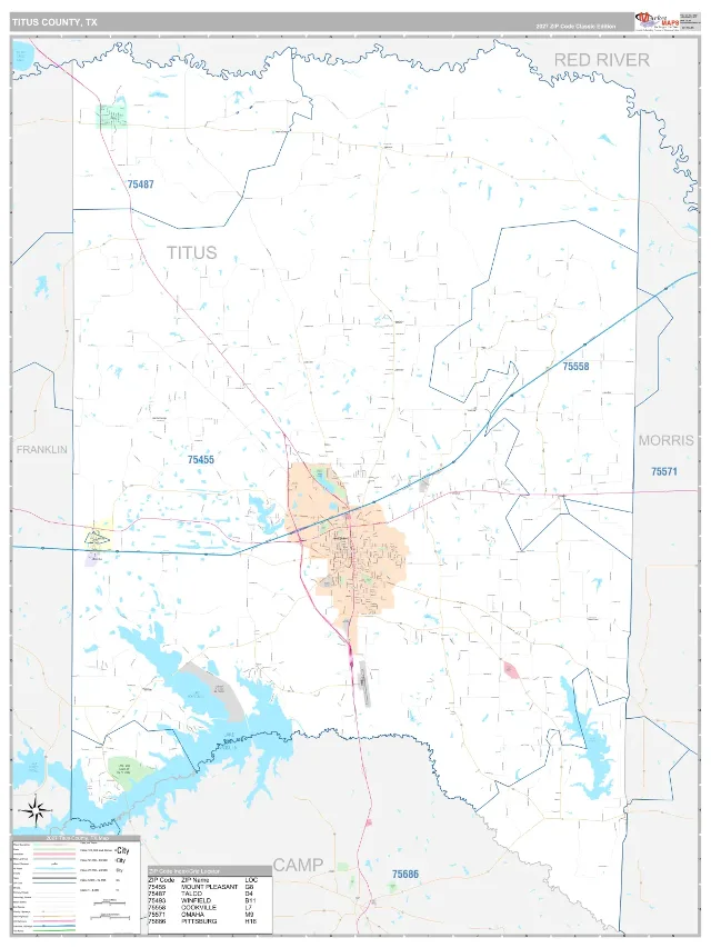 Titus County, TX ZIP Code Wall Map, Classic style