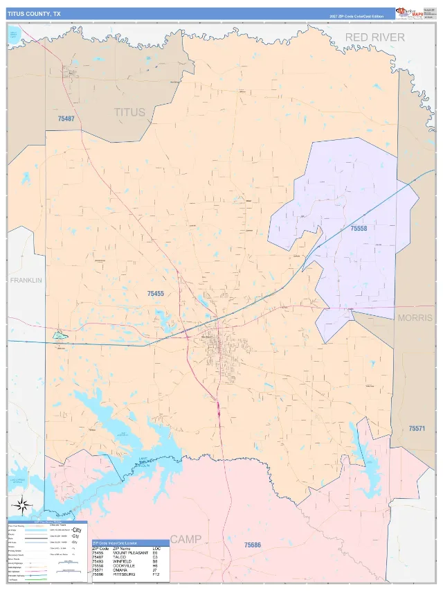 Titus County, TX ZIP Code Wall Map, ColorCast style