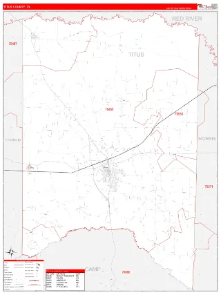 Titus County, TX RedLine style ZIP Code wall map