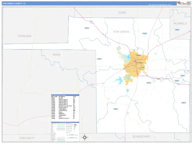 Tom Green County, TX ZIP Code Wall Map, Business Reference style
