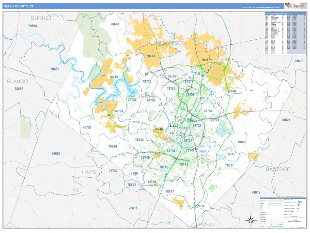 Travis County, TX ZIP Code Wall Map, Business Reference style