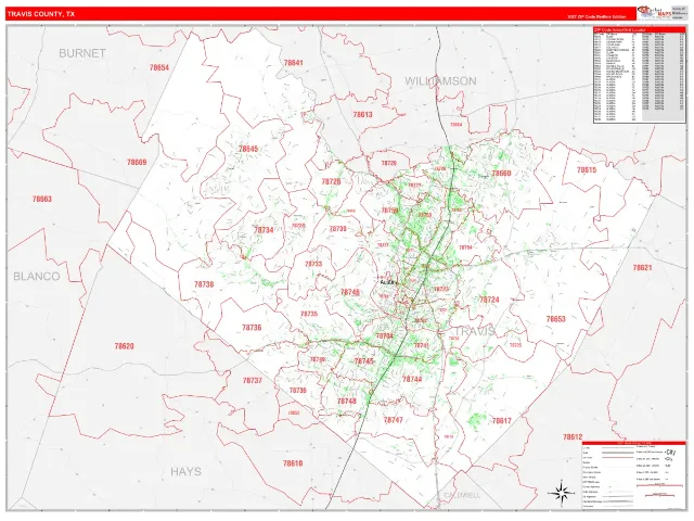 Travis County, TX ZIP Code Wall Map, RedLine style