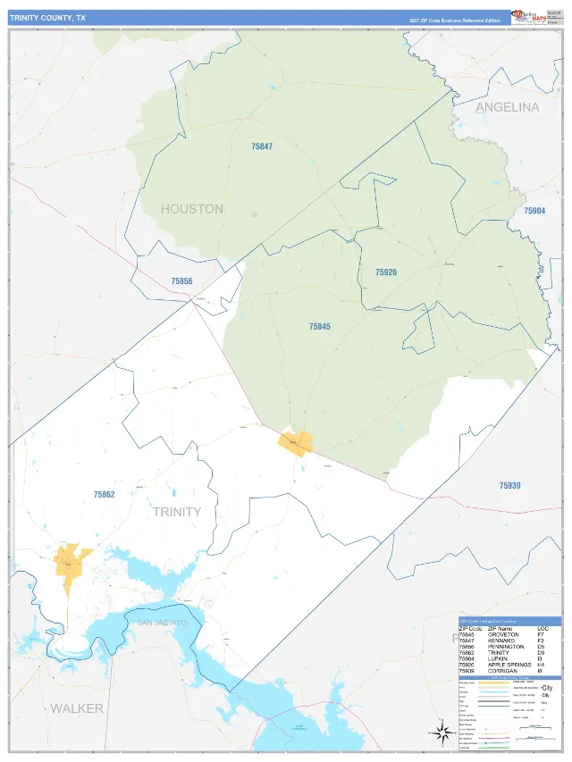 Trinity County, TX ZIP Code Wall Map, Business Reference style