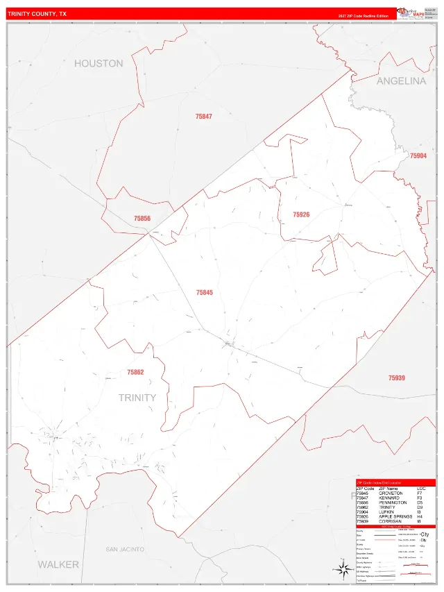 Trinity County, TX ZIP Code Wall Map, RedLine style