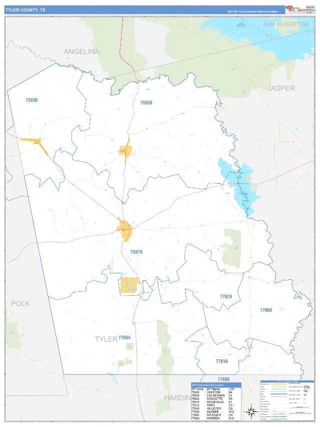 Tyler County, TX ZIP Code Wall Map, Business Reference style