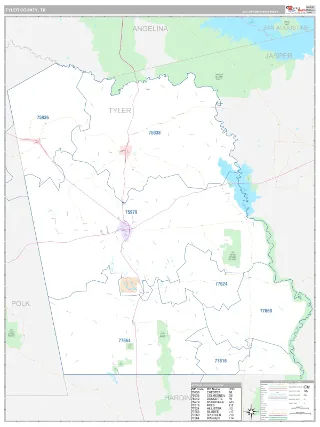 Tyler County, TX Classic style ZIP Code wall map