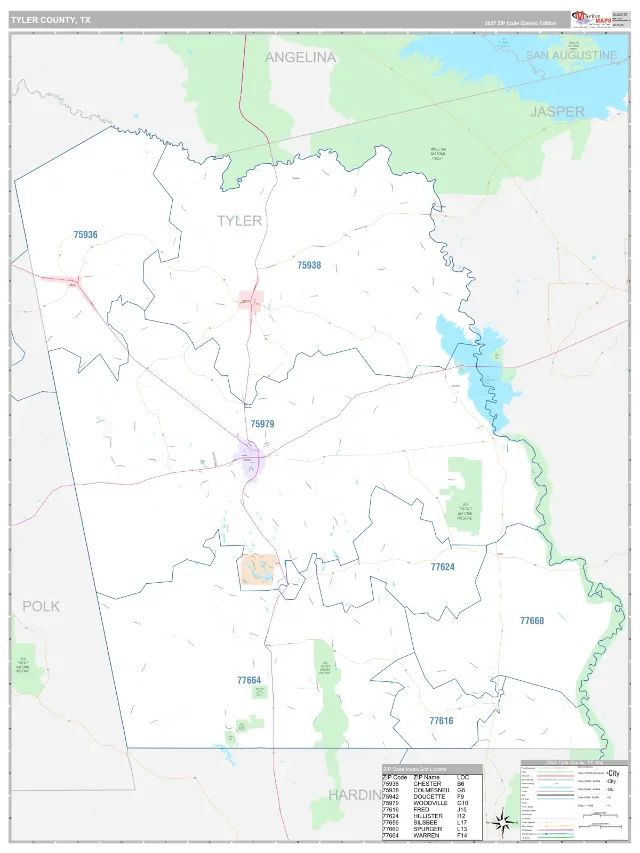 Tyler County, TX ZIP Code Wall Map, Classic style