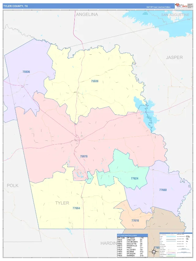 Tyler County, TX ZIP Code Wall Map, ColorCast style