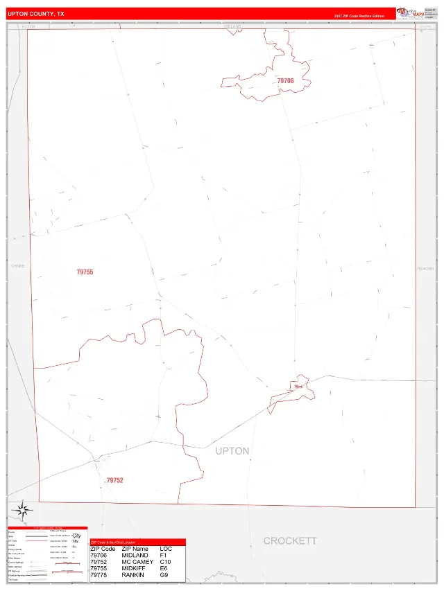 Upton County, TX ZIP Code Wall Map, RedLine style