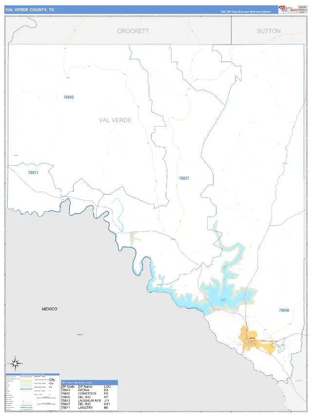 Val Verde County, TX ZIP Code Wall Map, Business Reference style