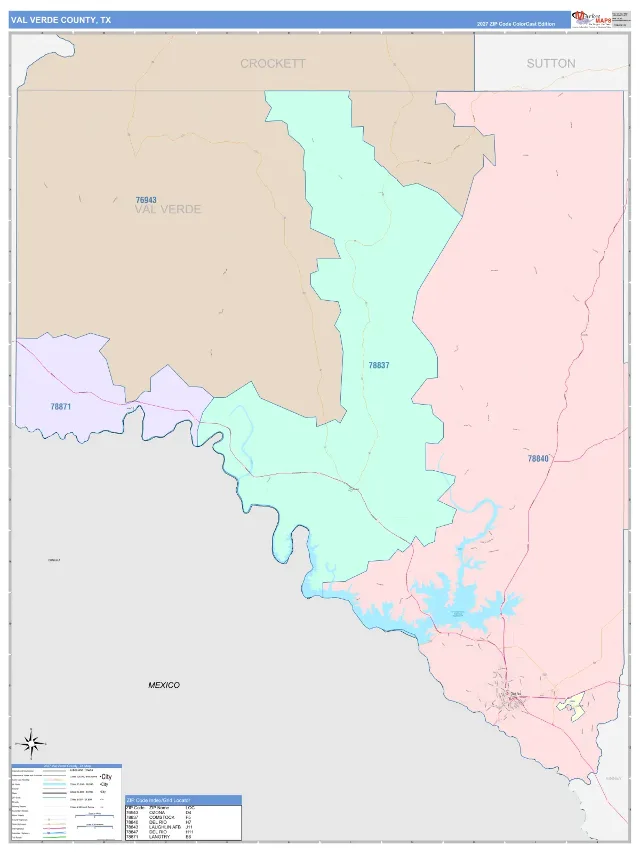 Val Verde County, TX ZIP Code Wall Map, ColorCast style