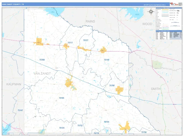 Van Zandt County, TX ZIP Code Wall Map, Business Reference style
