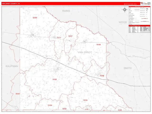 Van Zandt County, TX ZIP Code Wall Map, RedLine style