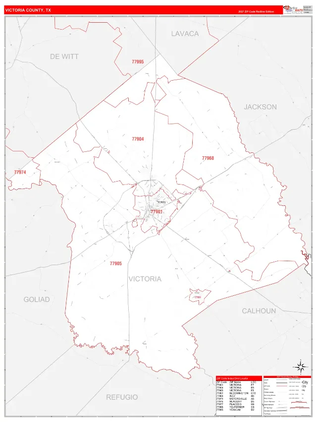 Victoria County, TX ZIP Code Wall Map, RedLine style