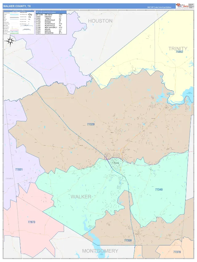 Walker County, TX ZIP Code Wall Map, ColorCast style