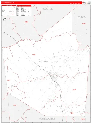 Walker County, TX RedLine style ZIP Code wall map