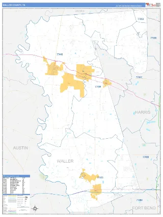 Waller County, TX Business Reference style ZIP Code wall map