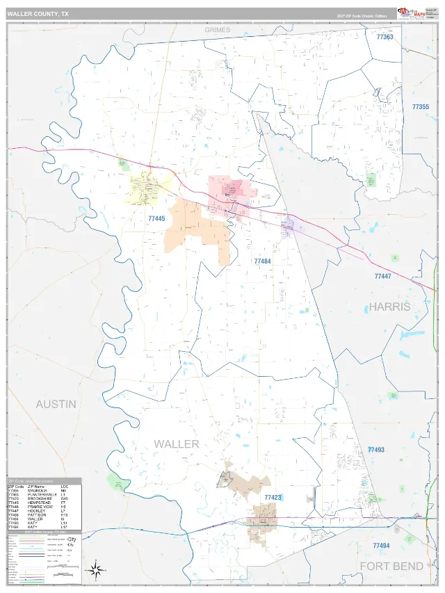 Waller County, TX ZIP Code Wall Map, Classic style