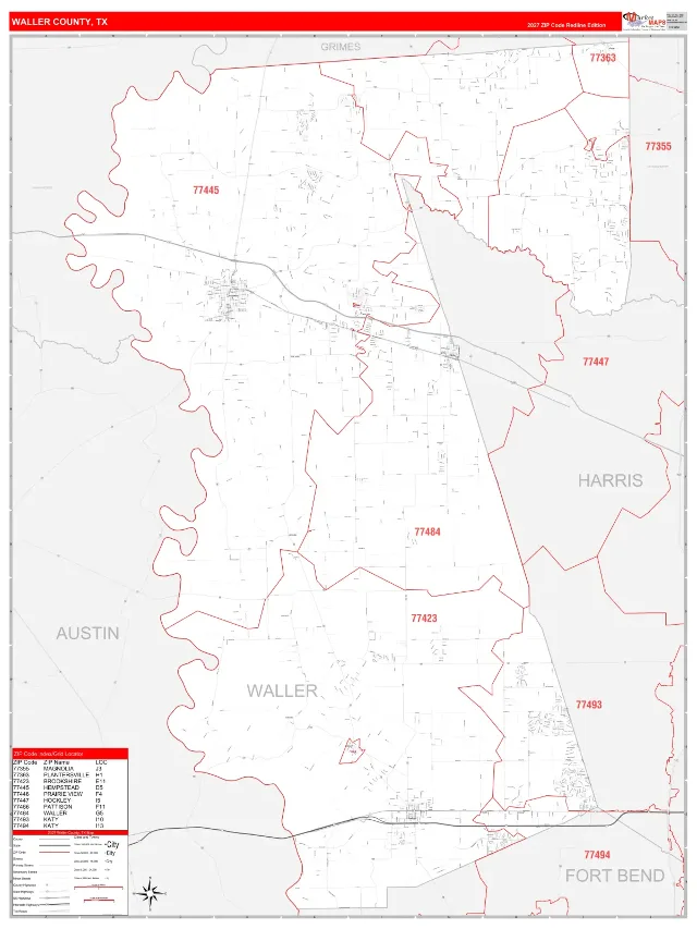 Waller County, TX ZIP Code Wall Map, RedLine style