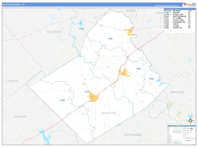 Wharton County, TX ZIP Code Wall Map, Business Reference style