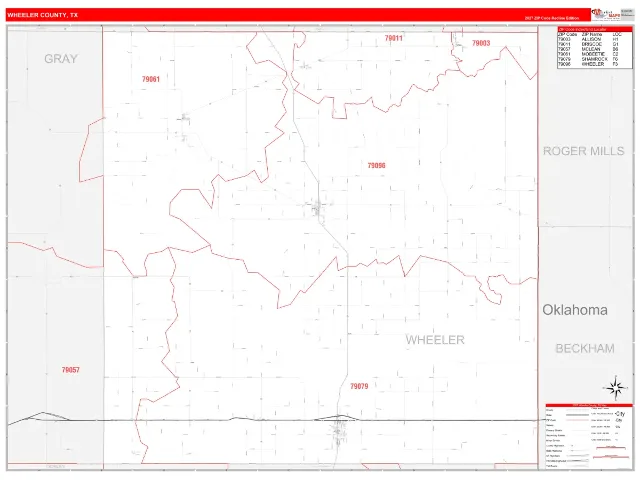 Wheeler County, TX ZIP Code Wall Map, RedLine style