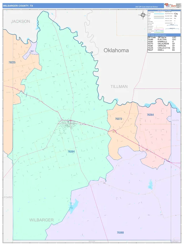 Wilbarger County, TX ZIP Code Wall Map, ColorCast style