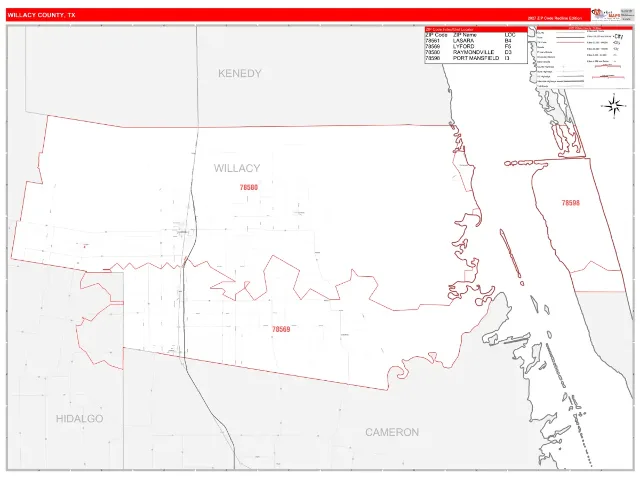 Willacy County, TX ZIP Code Wall Map, RedLine style