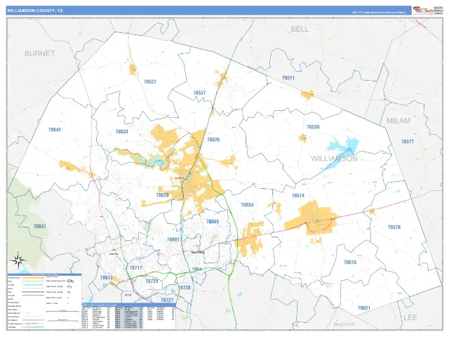 Williamson County, TX ZIP Code Wall Map, Business Reference style