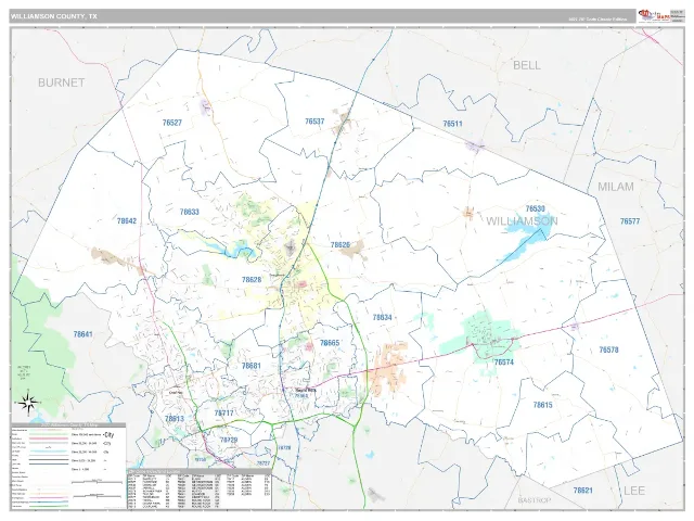 Williamson County, TX ZIP Code Wall Map, Classic style
