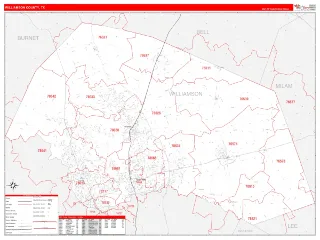 Williamson County, TX RedLine style ZIP Code wall map
